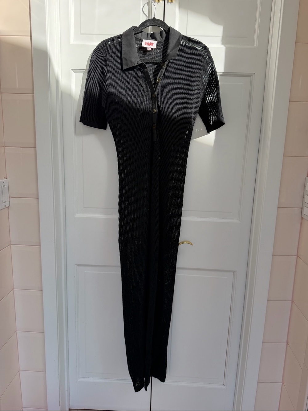 SOLID & STRIPED Black Short-Sleeve Knit Maxi Dress with Collar